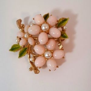 Vintage ART Signed Pink Flowers and Pearl Brooch
